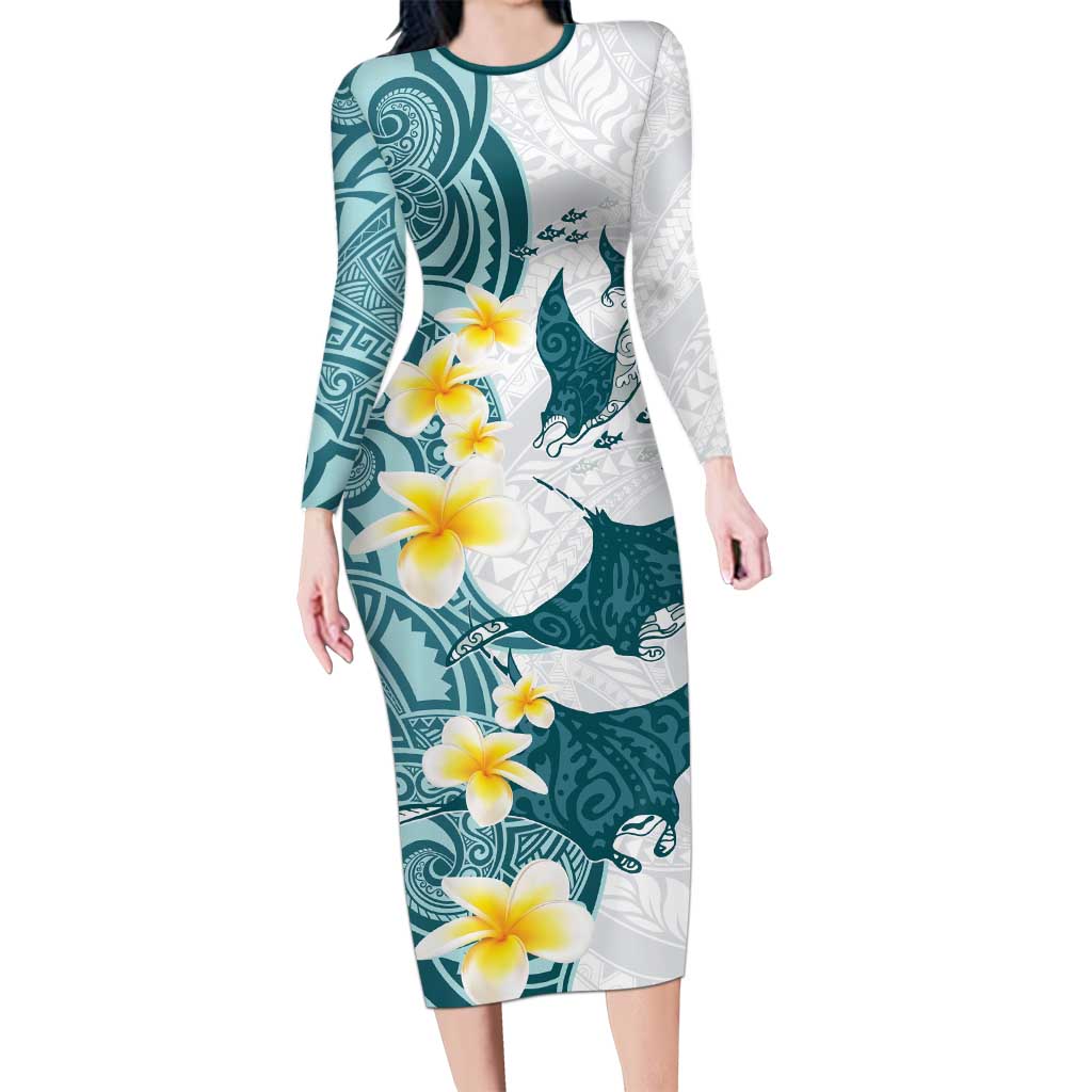 Maori Manta Ray Plumeria Teal Long Sleeve Bodycon Dress