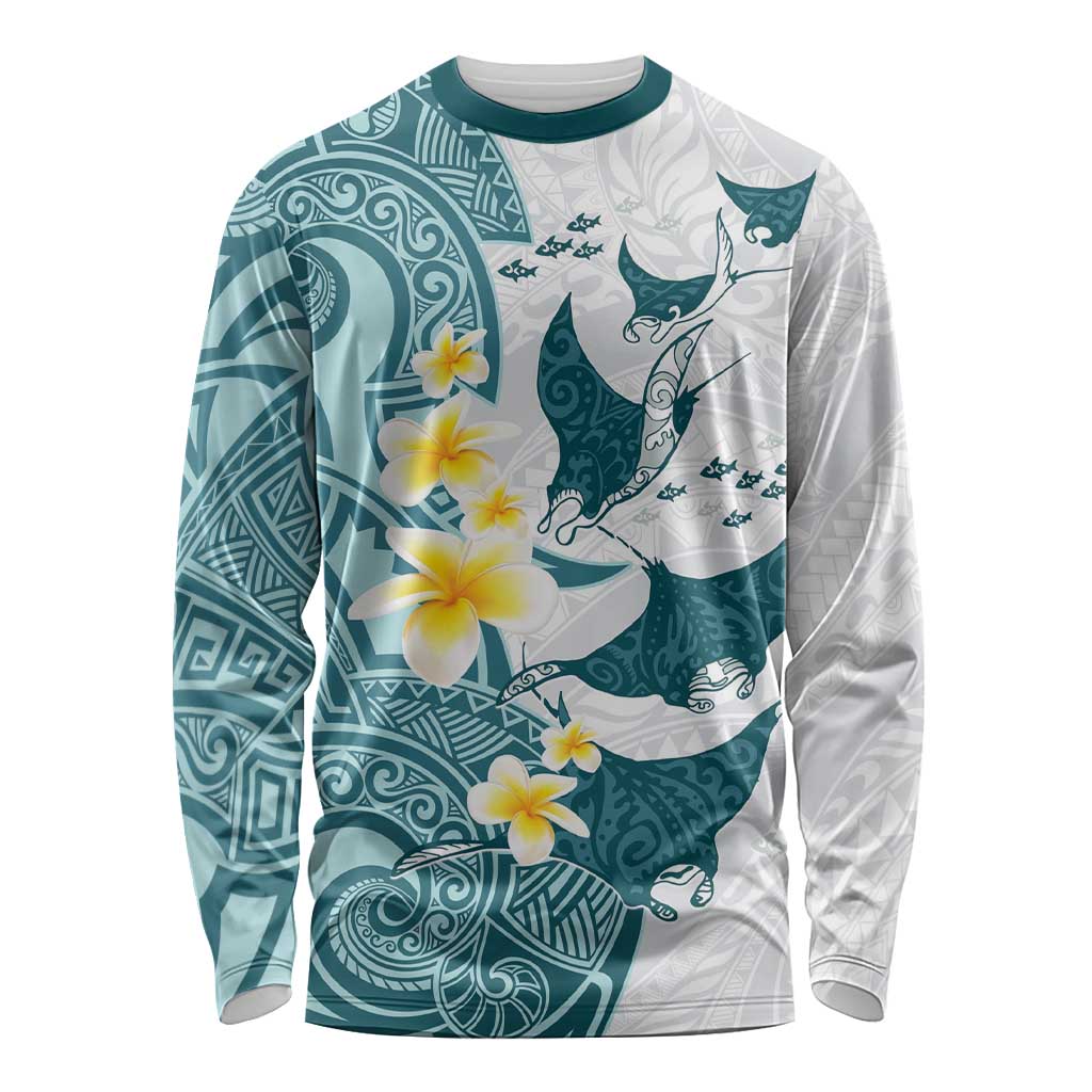 Maori Manta Ray Plumeria Teal Long Sleeve Shirt