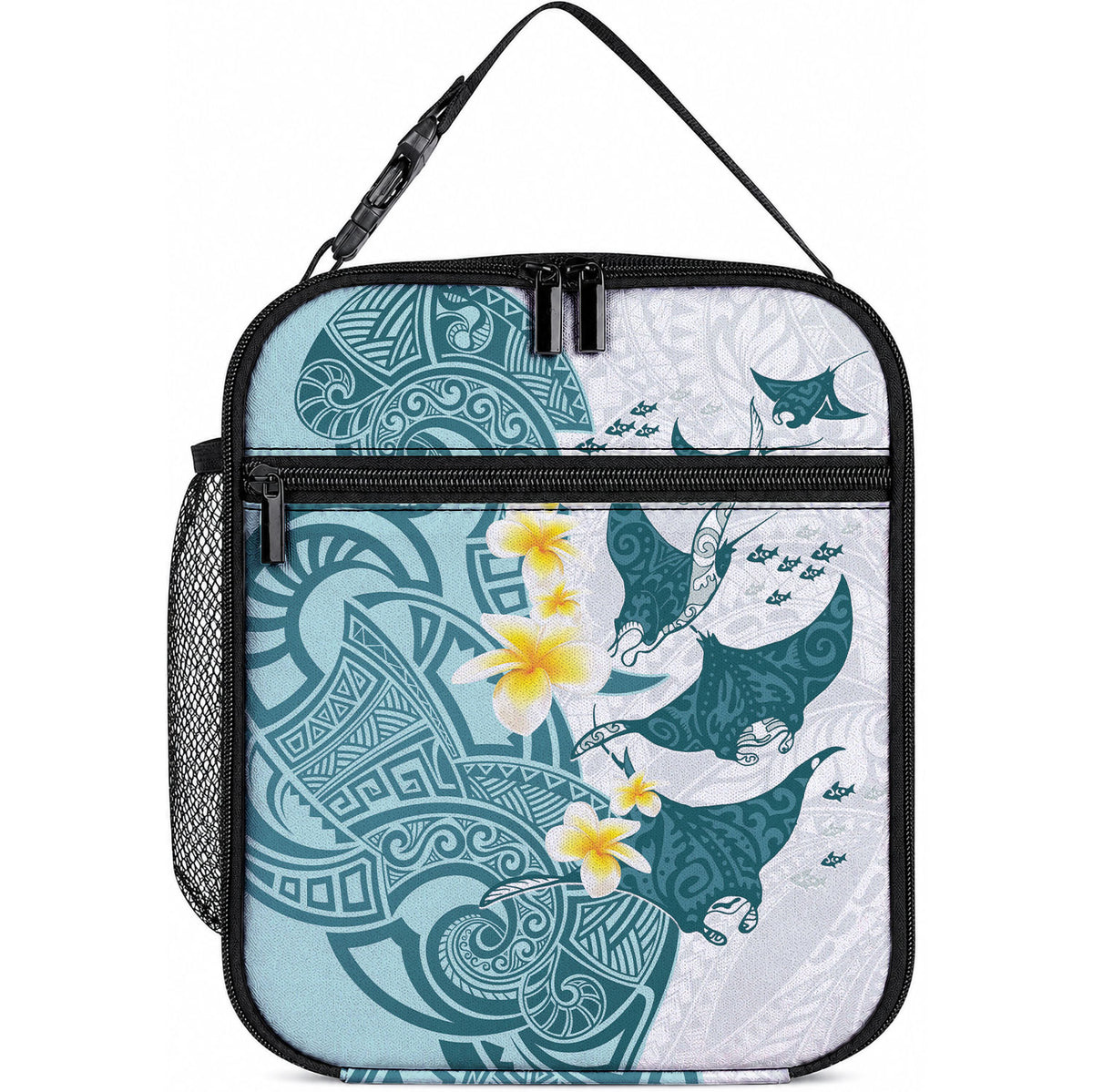 Maori Manta Ray Plumeria Teal Lunch Bag LT01 10.2 × 8.3 × 4.3 inch Teal - Polynesian Pride