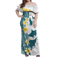 Maori Manta Ray Plumeria Teal Off Shoulder Maxi Dress LT01 Women Teal - Polynesian Pride
