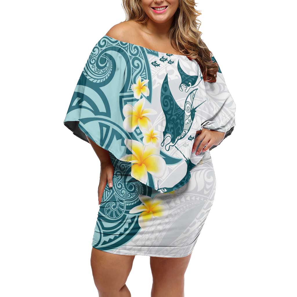 Maori Manta Ray Plumeria Teal Off Shoulder Short Dress LT01 Women Teal - Polynesian Pride