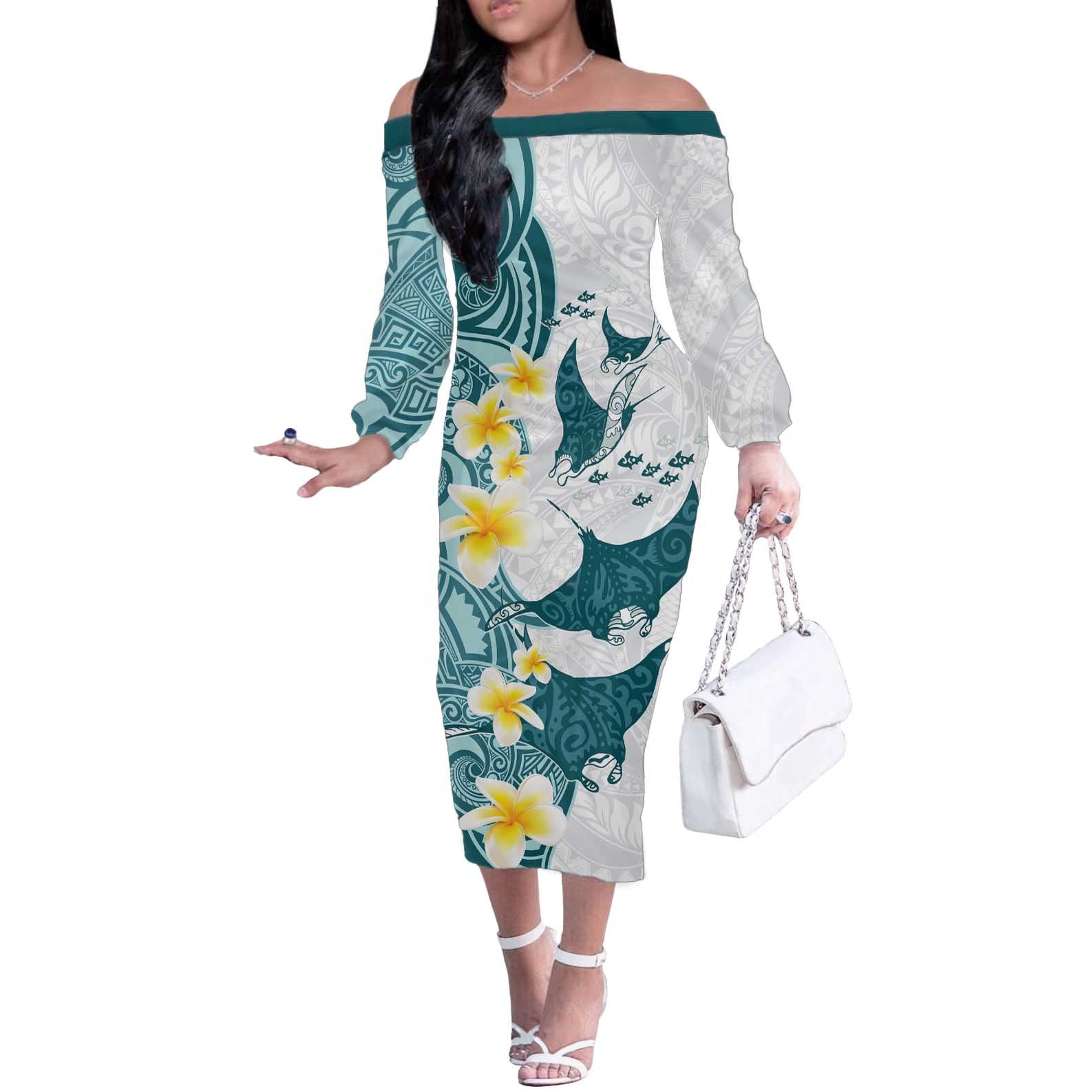 Maori Manta Ray Plumeria Teal Off The Shoulder Long Sleeve Dress