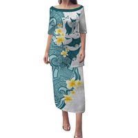 Maori Manta Ray Plumeria Teal Puletasi LT01 Long Dress Teal - Polynesian Pride