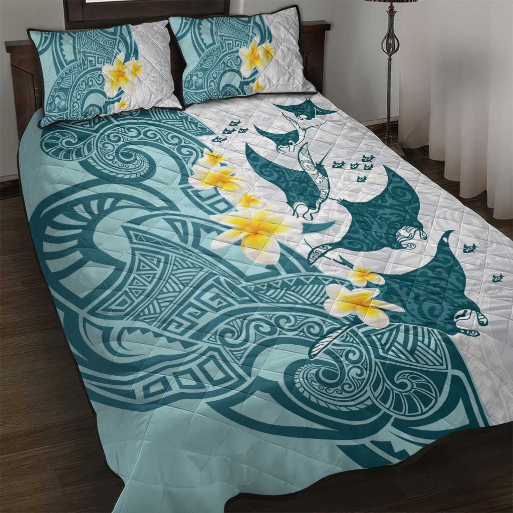 Maori Manta Ray Plumeria Teal Quilt Bed Set