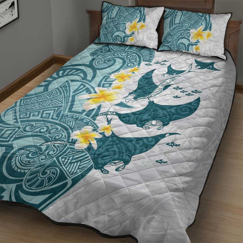 Maori Manta Ray Plumeria Teal Quilt Bed Set LT01 - Polynesian Pride