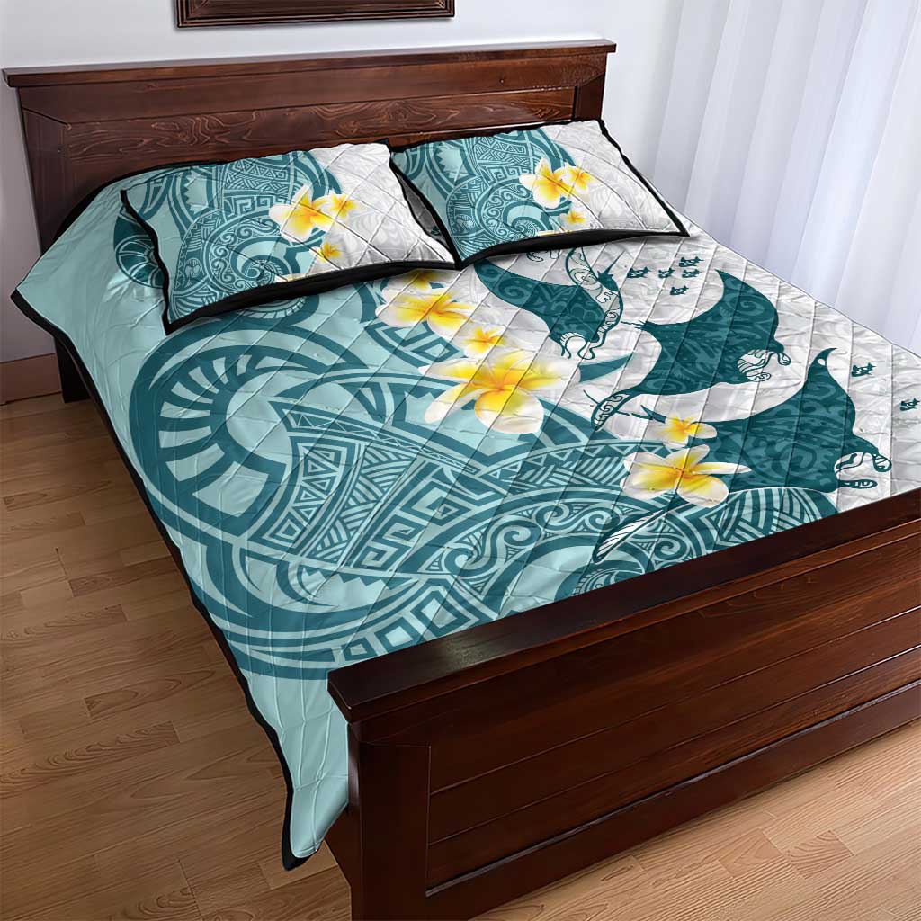 Maori Manta Ray Plumeria Teal Quilt Bed Set LT01 - Polynesian Pride