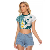 Maori Manta Ray Plumeria Teal Raglan Cropped T Shirt LT01 Female Teal - Polynesian Pride