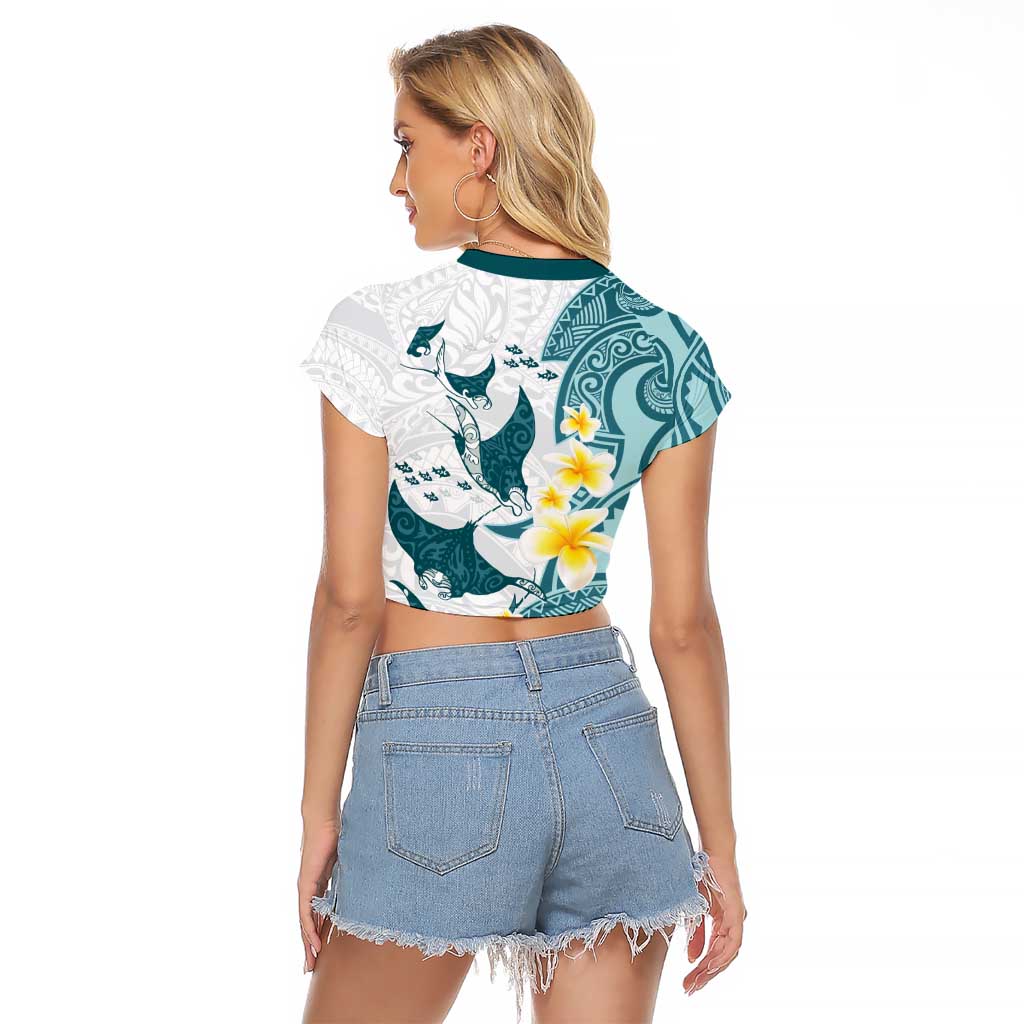 Maori Manta Ray Plumeria Teal Raglan Cropped T Shirt LT01 - Polynesian Pride