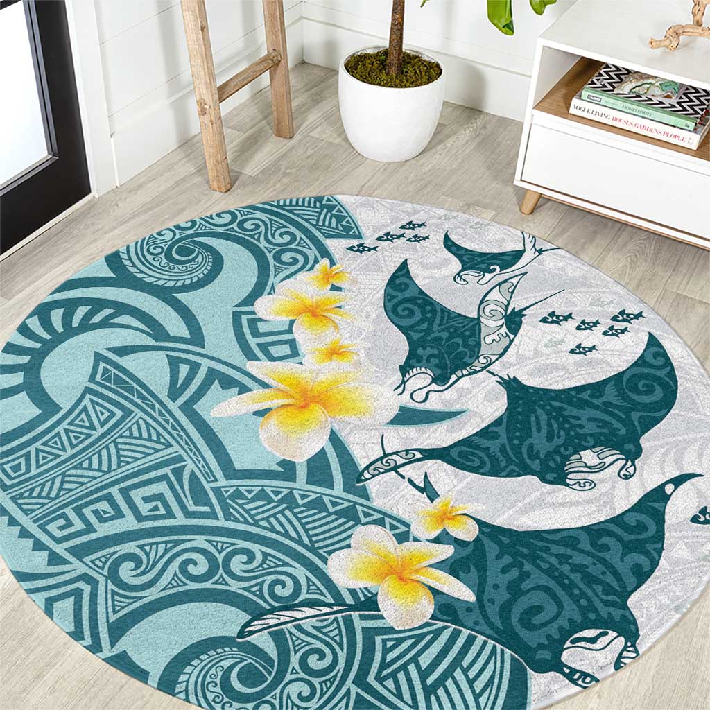 Maori Manta Ray Plumeria Teal Round Carpet