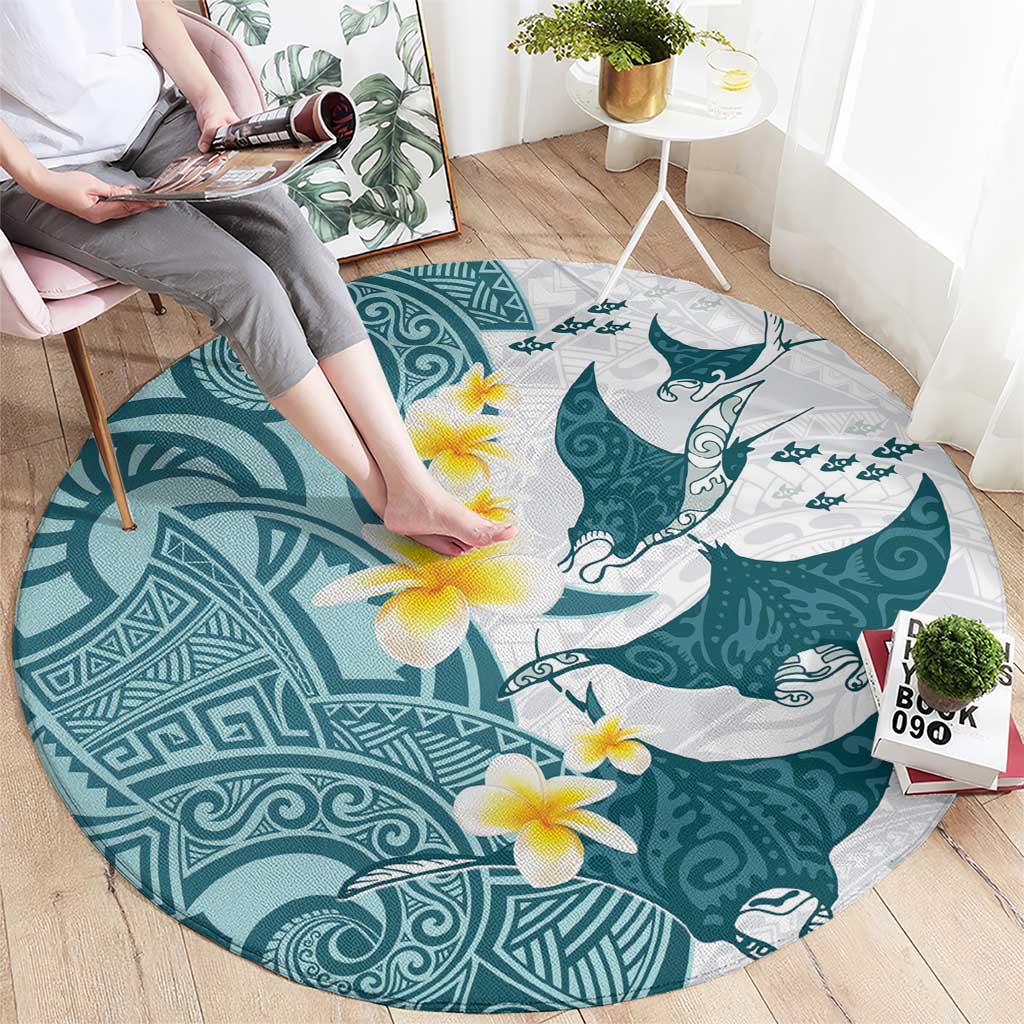 Maori Manta Ray Plumeria Teal Round Carpet