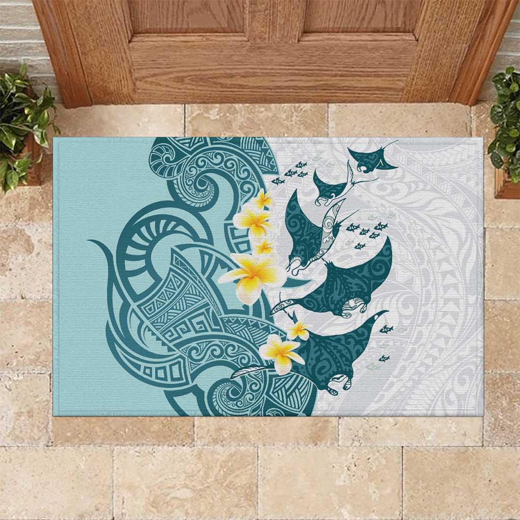 Maori Manta Ray Plumeria Teal Rubber Doormat LT01 Teal - Polynesian Pride