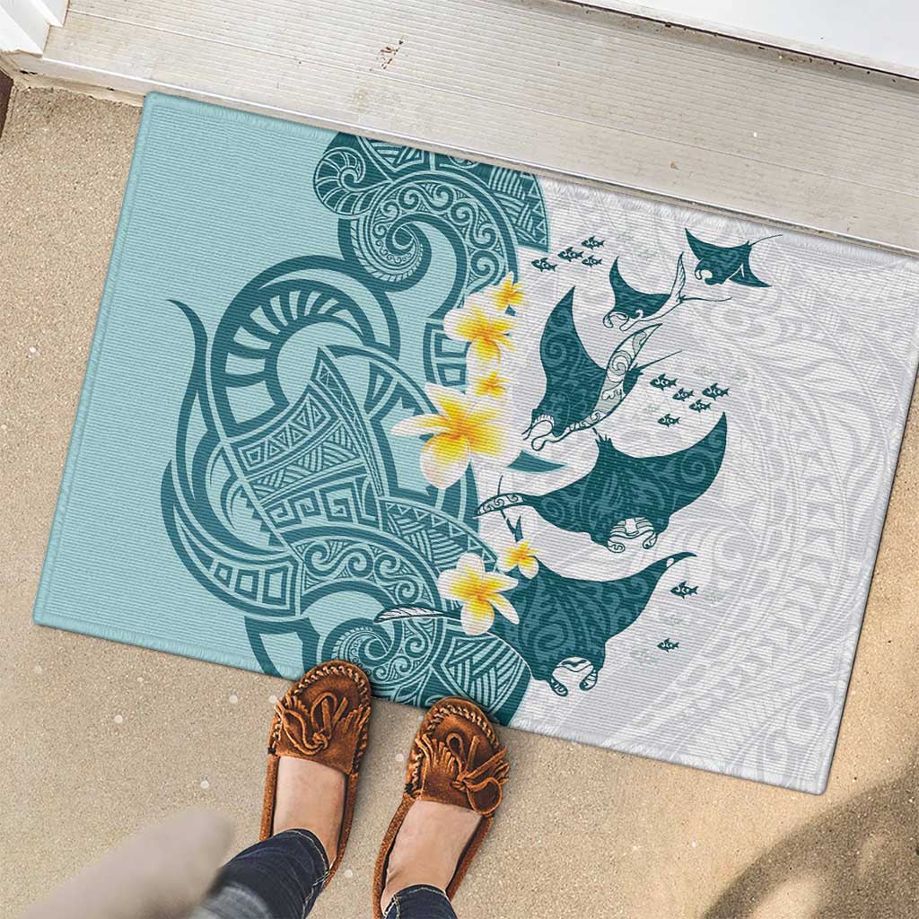 Maori Manta Ray Plumeria Teal Rubber Doormat LT01 - Polynesian Pride