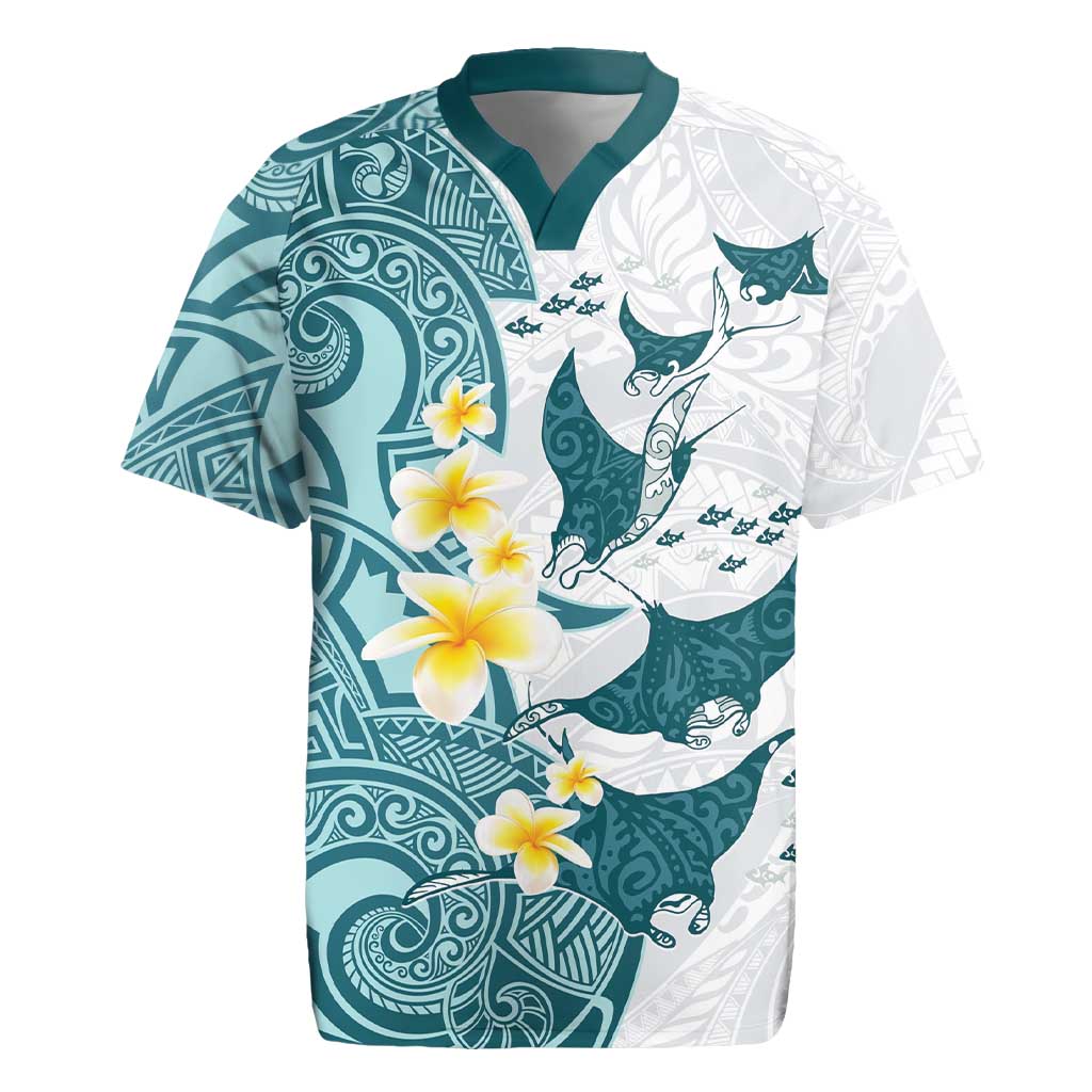 Maori Manta Ray Plumeria Teal Rugby Jersey LT01 Teal - Polynesian Pride