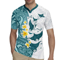 Maori Manta Ray Plumeria Teal Rugby Jersey LT01 - Polynesian Pride