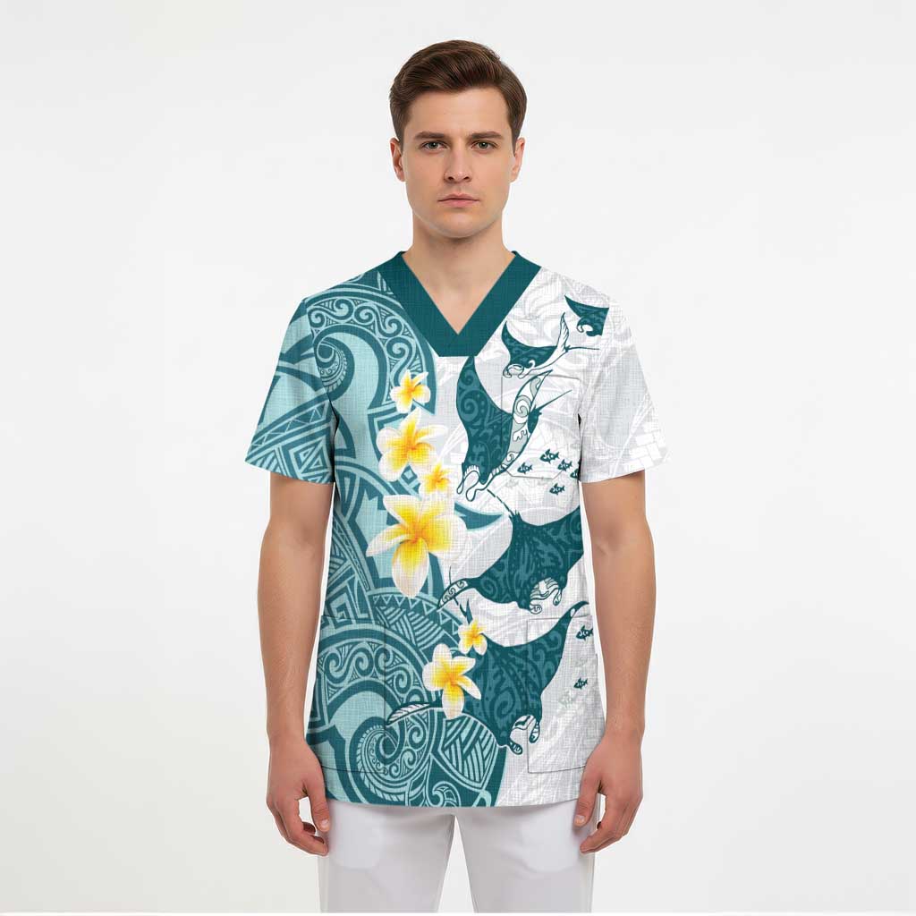 Maori Manta Ray Plumeria Teal Scrub Top - Polynesian Pride