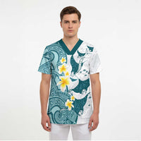 Maori Manta Ray Plumeria Teal Scrub Top - Polynesian Pride