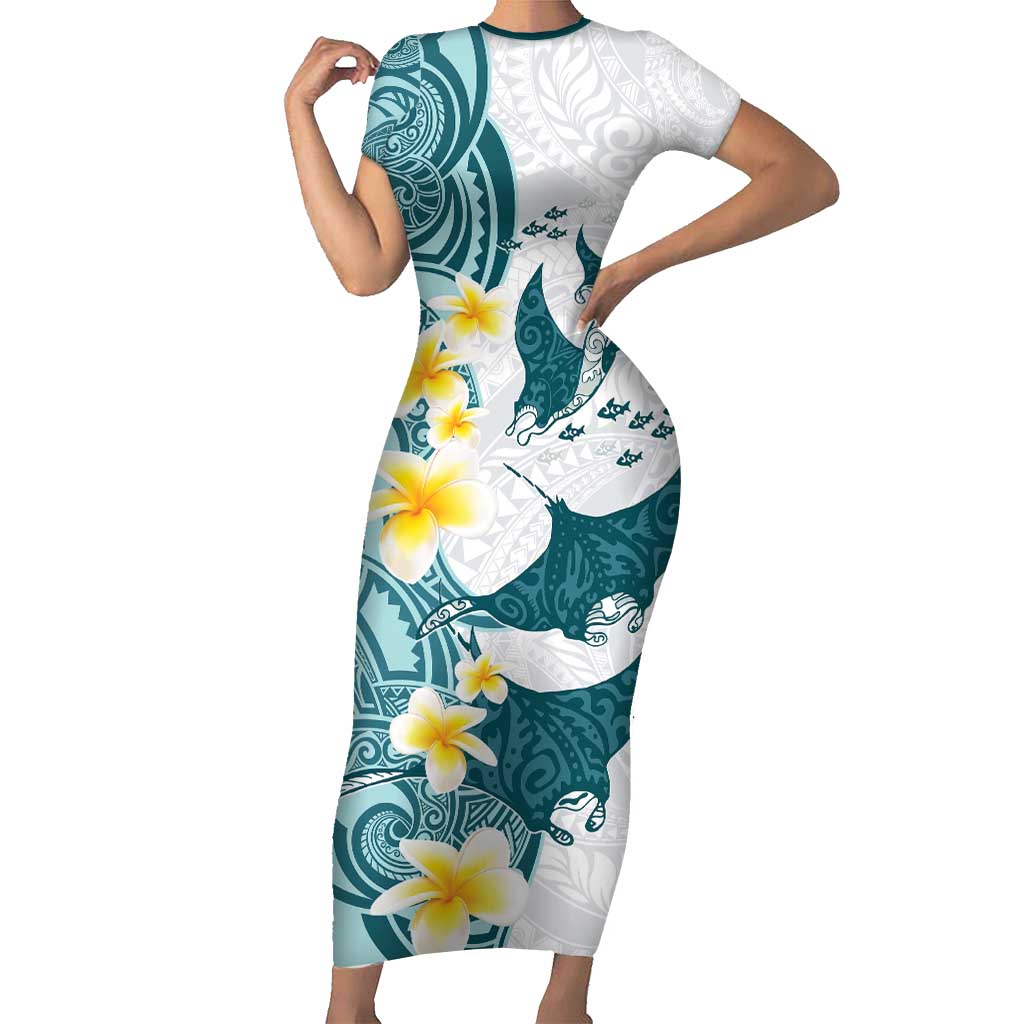 Maori Manta Ray Plumeria Teal Short Sleeve Bodycon Dress