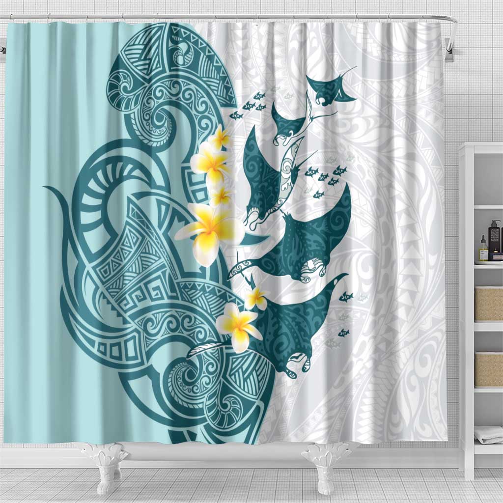 Maori Manta Ray Plumeria Teal Shower Curtain