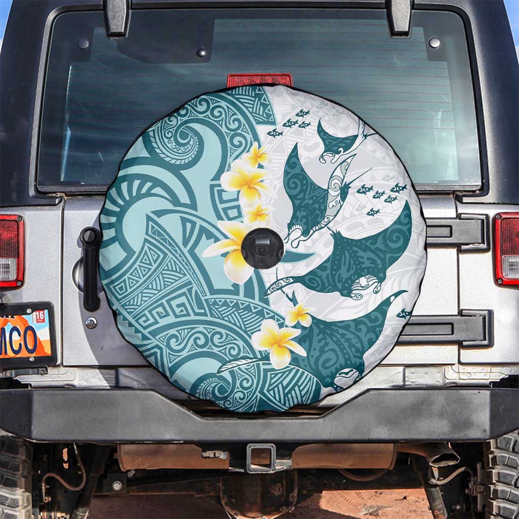 Maori Manta Ray Plumeria Teal Spare Tire Cover