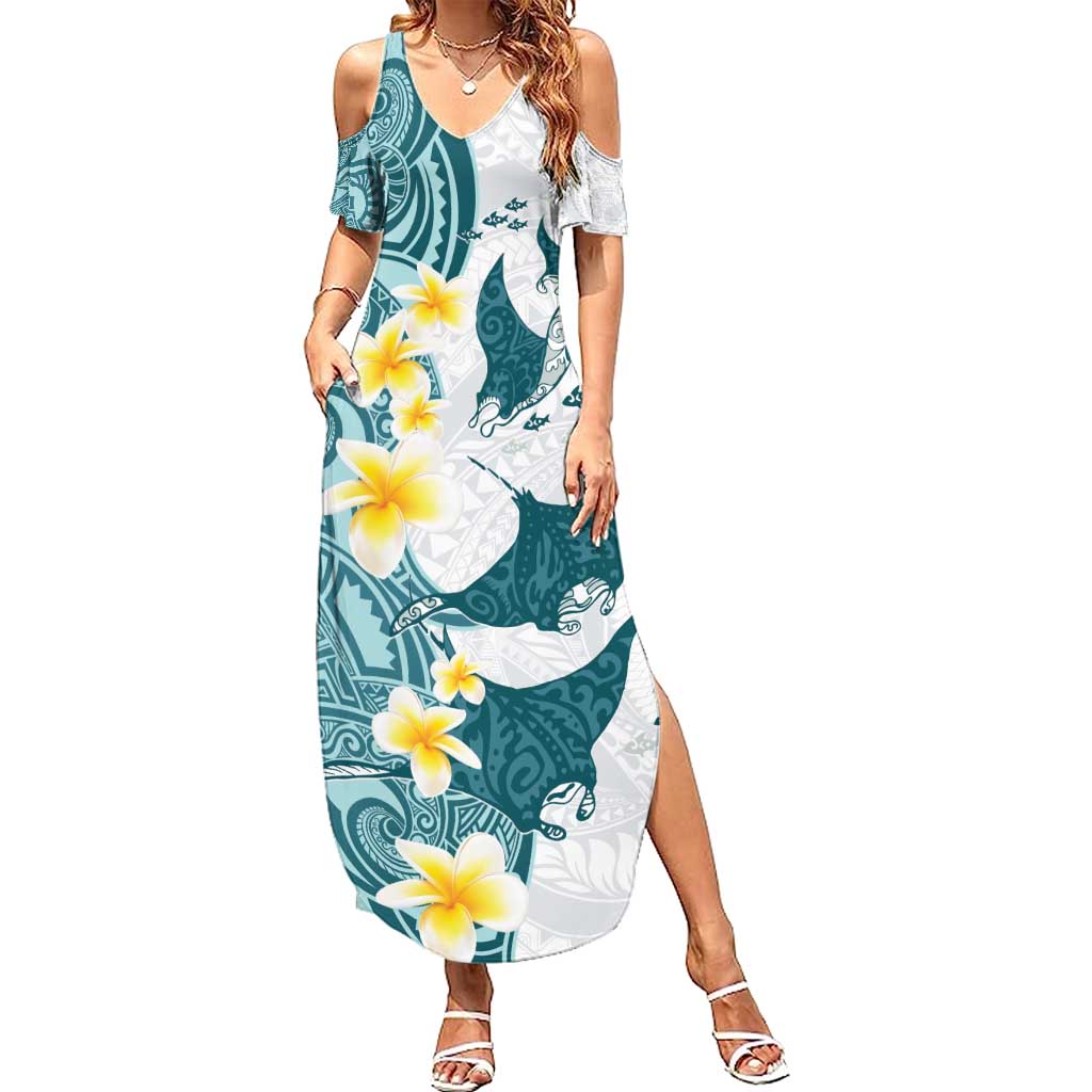 Maori Manta Ray Plumeria Teal Summer Maxi Dress LT01 Women Teal - Polynesian Pride