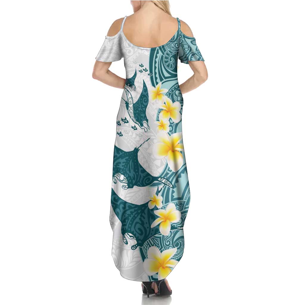Maori Manta Ray Plumeria Teal Summer Maxi Dress LT01 - Polynesian Pride