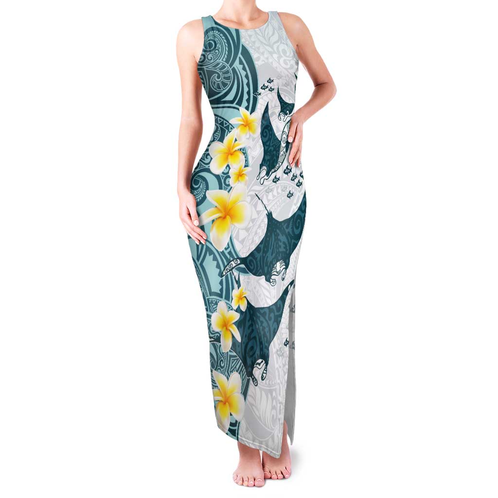 Maori Manta Ray Plumeria Teal Tank Maxi Dress LT01 Women Teal - Polynesian Pride