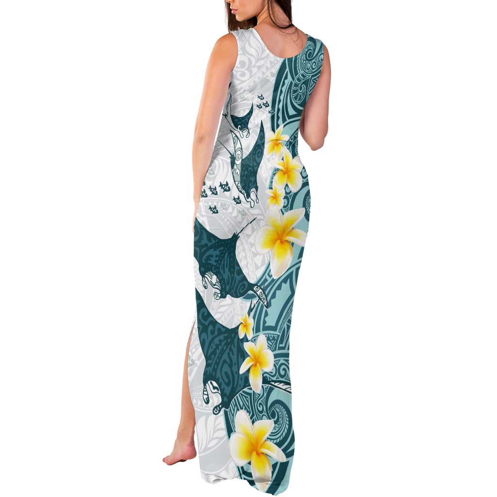 Maori Manta Ray Plumeria Teal Tank Maxi Dress LT01 - Polynesian Pride