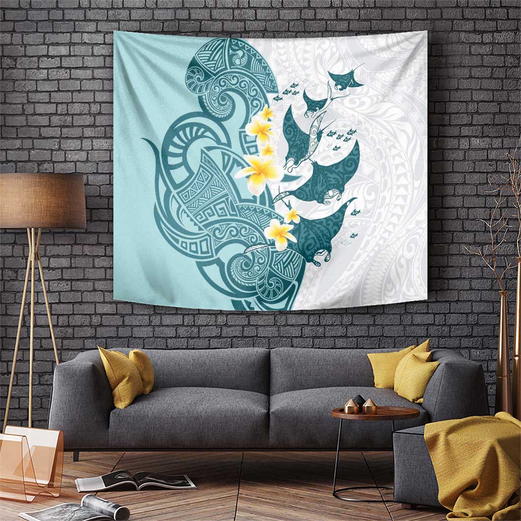 Maori Manta Ray Plumeria Teal Tapestry