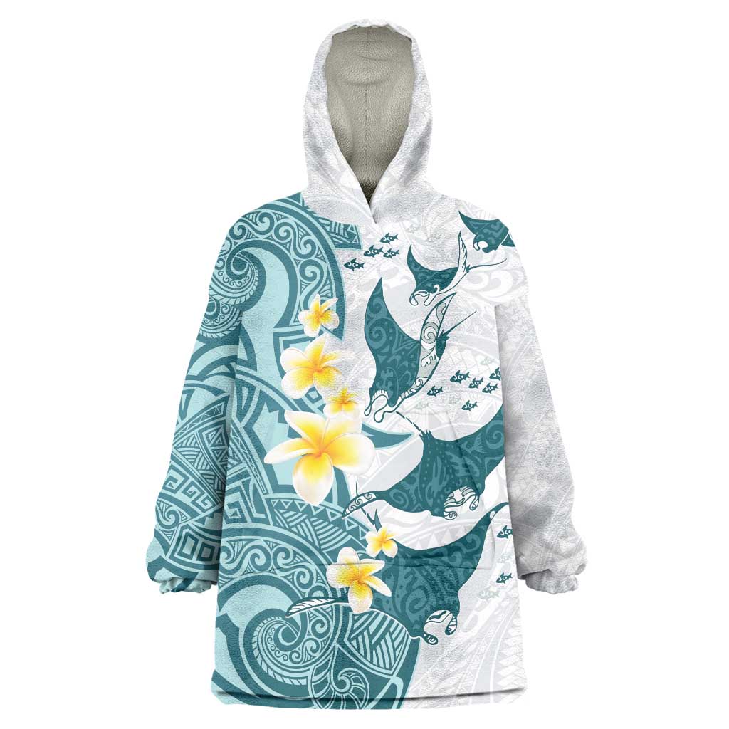Maori Manta Ray Plumeria Teal Wearable Blanket Hoodie LT01 One Size Teal - Polynesian Pride