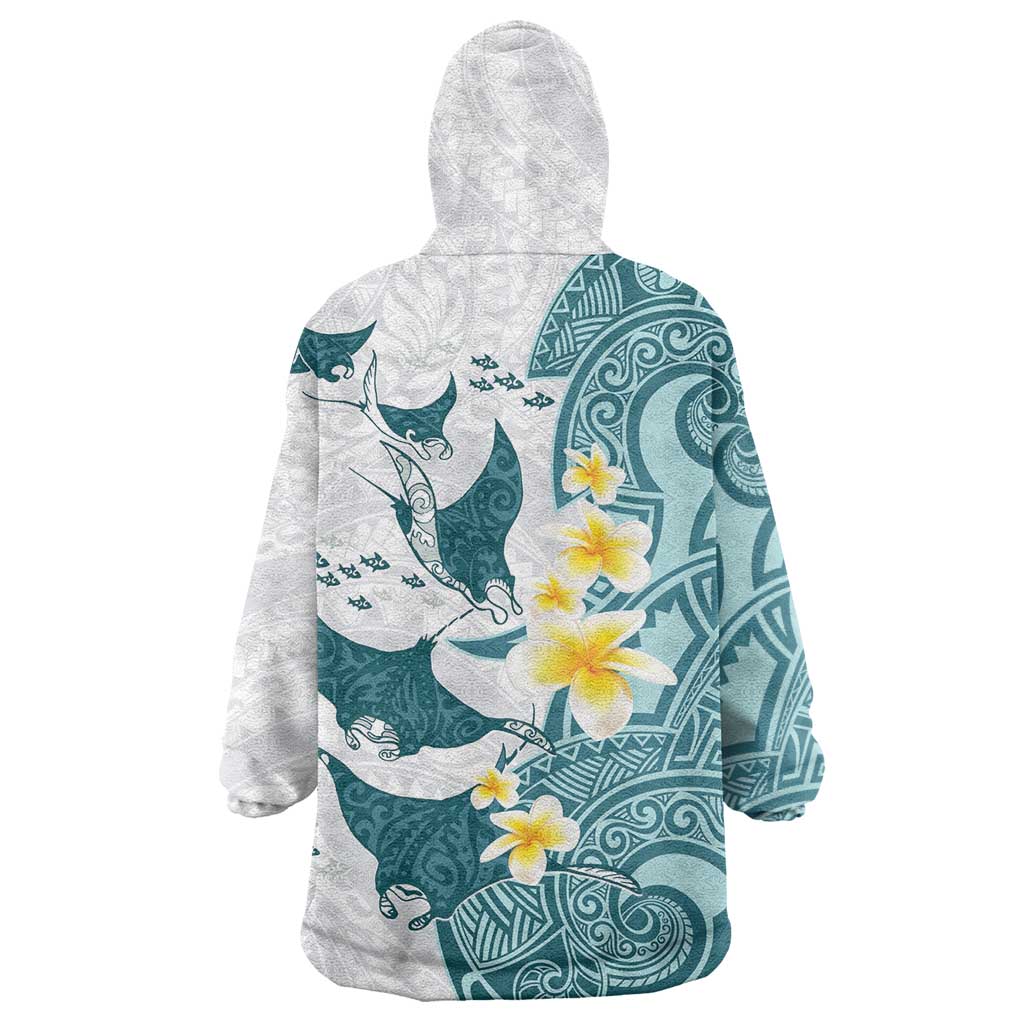 Maori Manta Ray Plumeria Teal Wearable Blanket Hoodie LT01 - Polynesian Pride