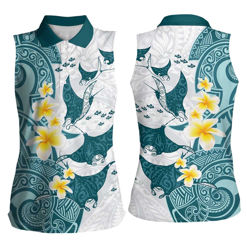 Maori Manta Ray Plumeria Teal Women Sleeveless Polo Shirt