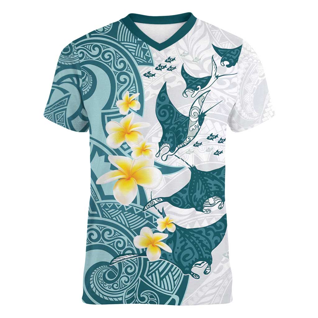 Maori Manta Ray Plumeria Teal Women V-Neck T-Shirt LT01 Female Teal - Polynesian Pride