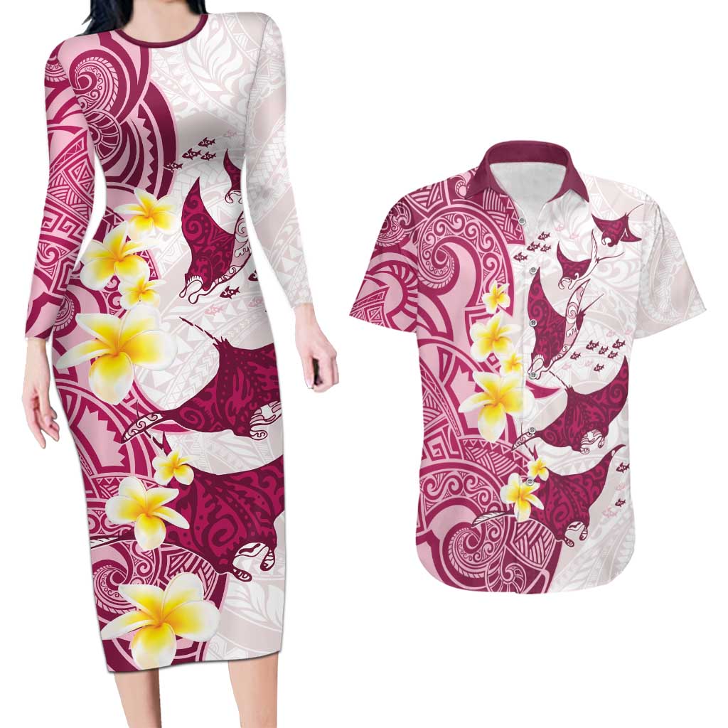 Maori Manta Ray Plumeria Royal Pink Couples Matching Long Sleeve Bodycon Dress and Hawaiian Shirt