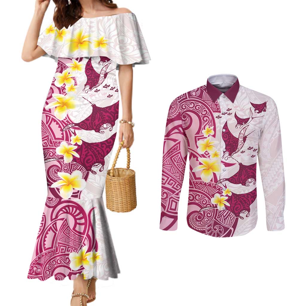 Maori Manta Ray Plumeria Royal Pink Couples Matching Mermaid Dress and Long Sleeve Button Shirt LT01 Pink - Polynesian Pride