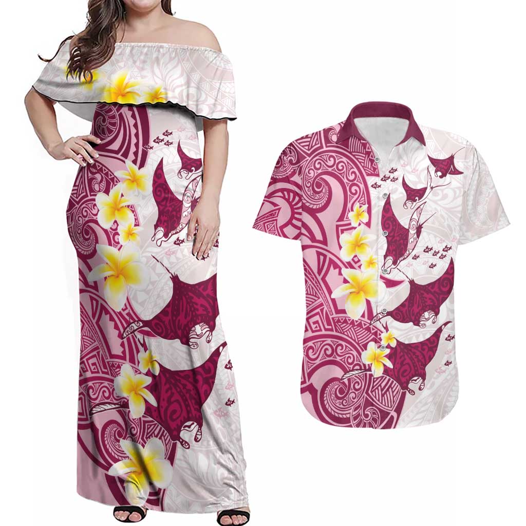 Maori Manta Ray Plumeria Royal Pink Couples Matching Off Shoulder Maxi Dress and Hawaiian Shirt