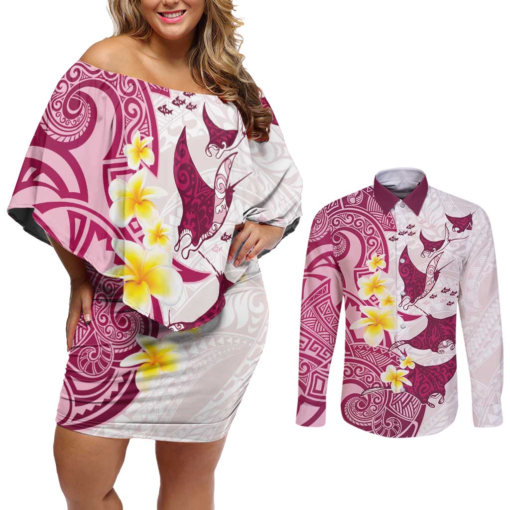Maori Manta Ray Plumeria Royal Pink Couples Matching Off Shoulder Short Dress and Long Sleeve Button Shirt LT01 Pink - Polynesian Pride