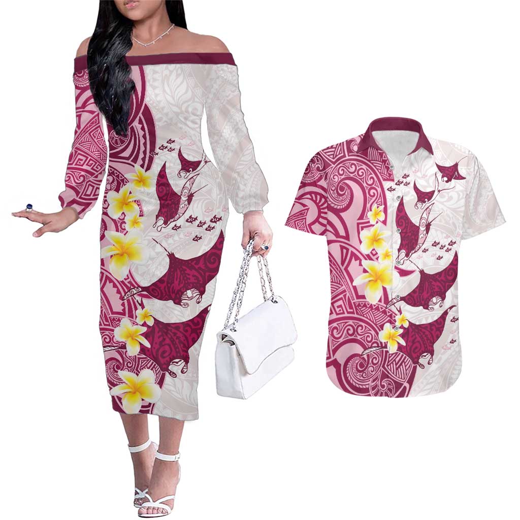 Maori Manta Ray Plumeria Royal Pink Couples Matching Off The Shoulder Long Sleeve Dress and Hawaiian Shirt