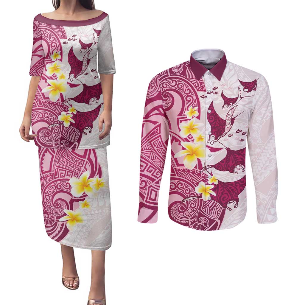 Maori Manta Ray Plumeria Royal Pink Couples Matching Puletasi and Long Sleeve Button Shirt LT01 Pink - Polynesian Pride