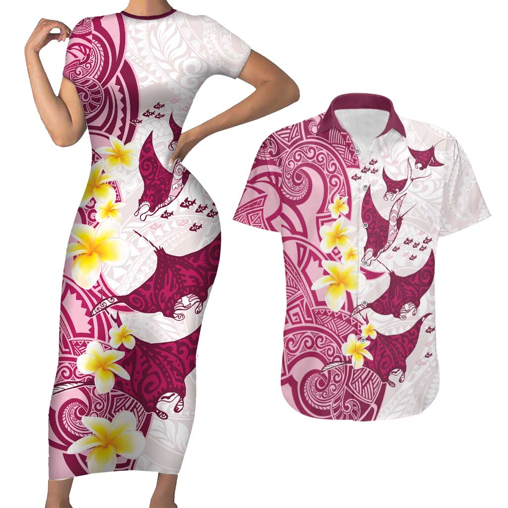 Maori Manta Ray Plumeria Royal Pink Couples Matching Short Sleeve Bodycon Dress and Hawaiian Shirt LT01 Pink - Polynesian Pride