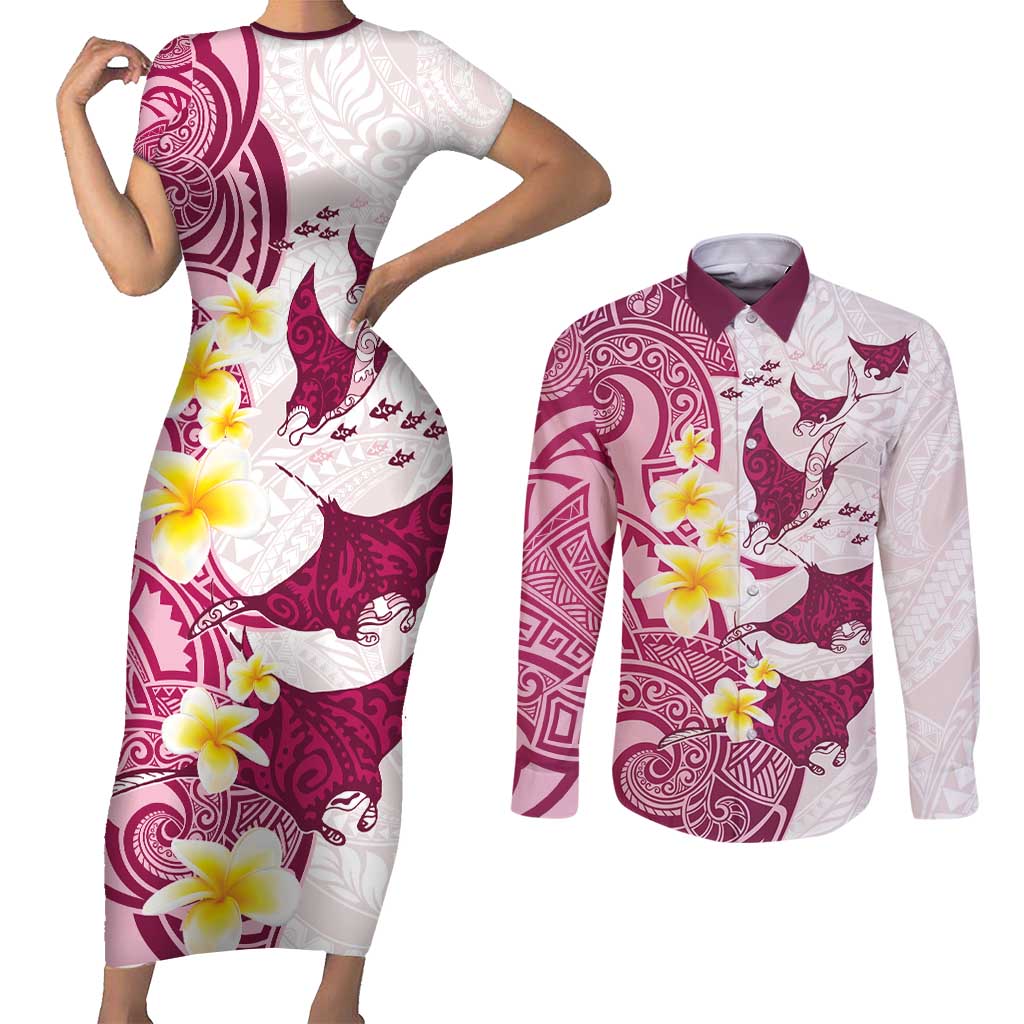 Maori Manta Ray Plumeria Royal Pink Couples Matching Short Sleeve Bodycon Dress and Long Sleeve Button Shirt LT01 Pink - Polynesian Pride