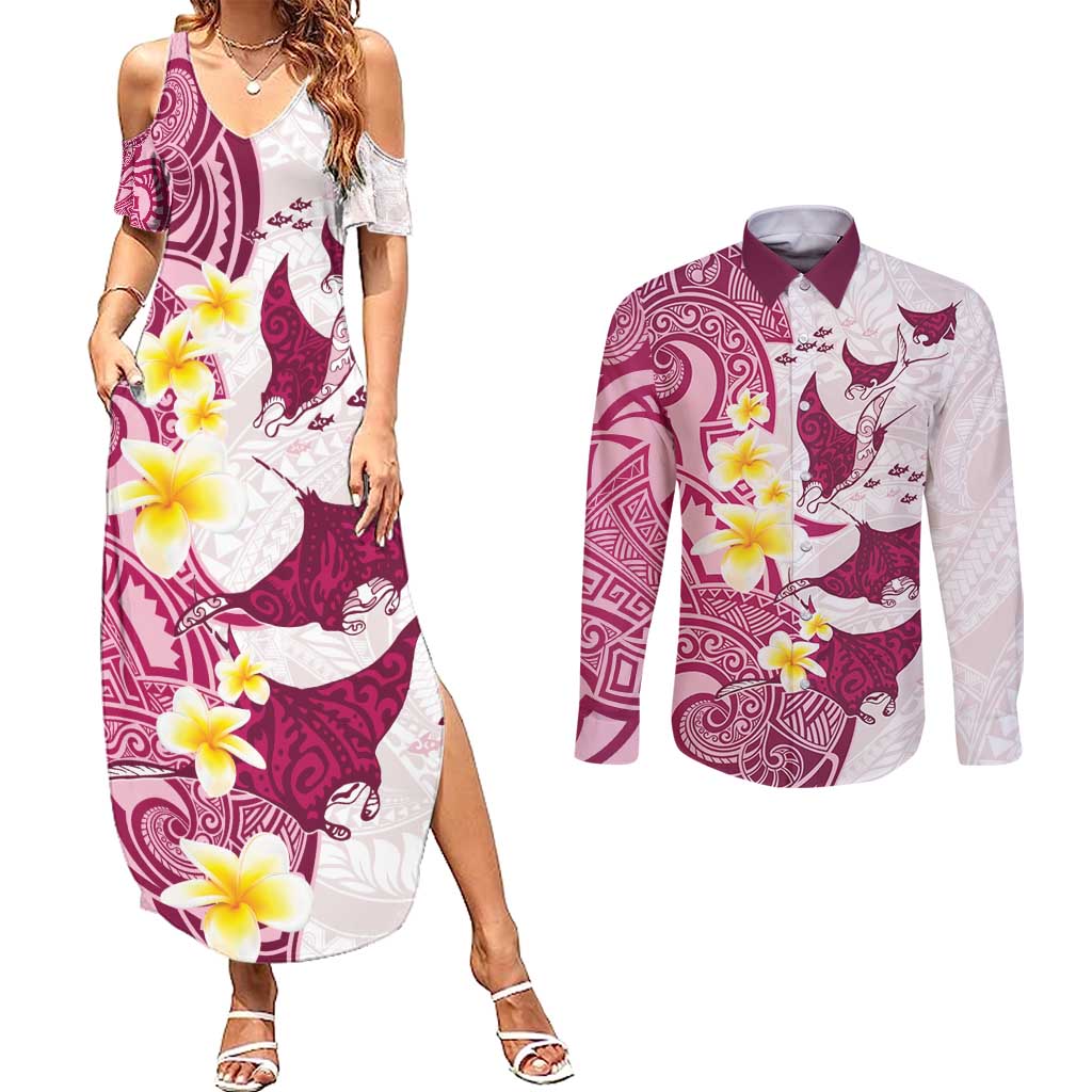 Maori Manta Ray Plumeria Royal Pink Couples Matching Summer Maxi Dress and Long Sleeve Button Shirt LT01 Pink - Polynesian Pride