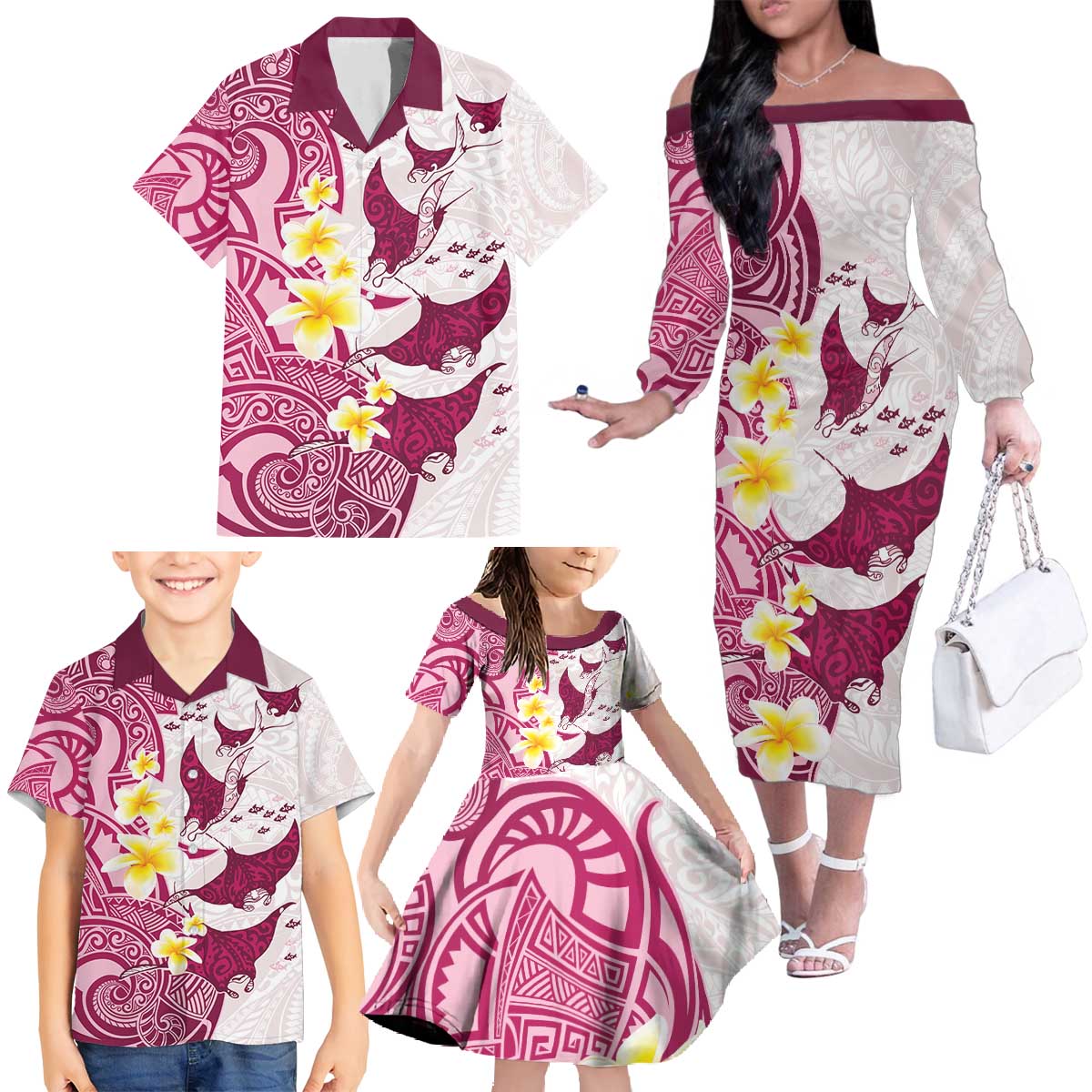 Maori Manta Ray Plumeria Royal Pink Family Matching Off The Shoulder Long Sleeve Dress and Hawaiian Shirt