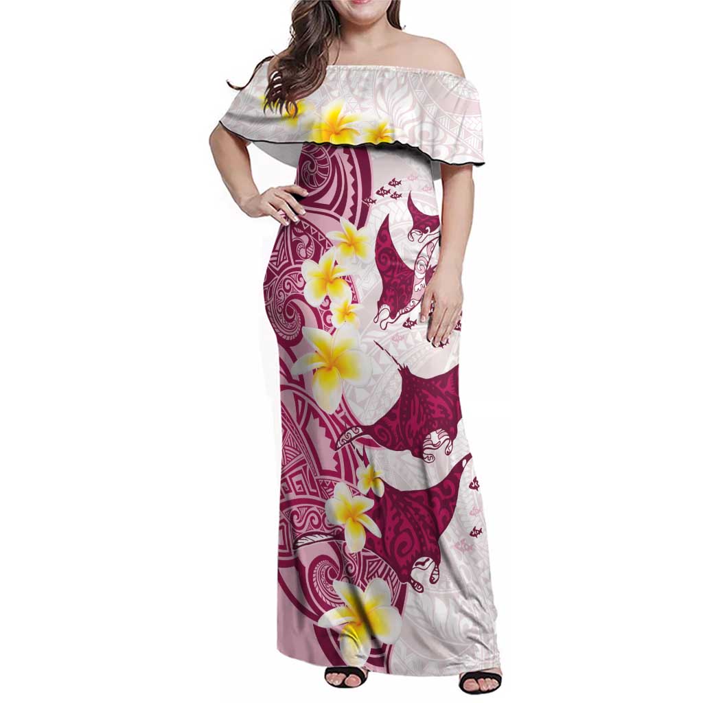 Maori Manta Ray Plumeria Royal Pink Family Matching Off Shoulder Maxi Dress and Hawaiian Shirt