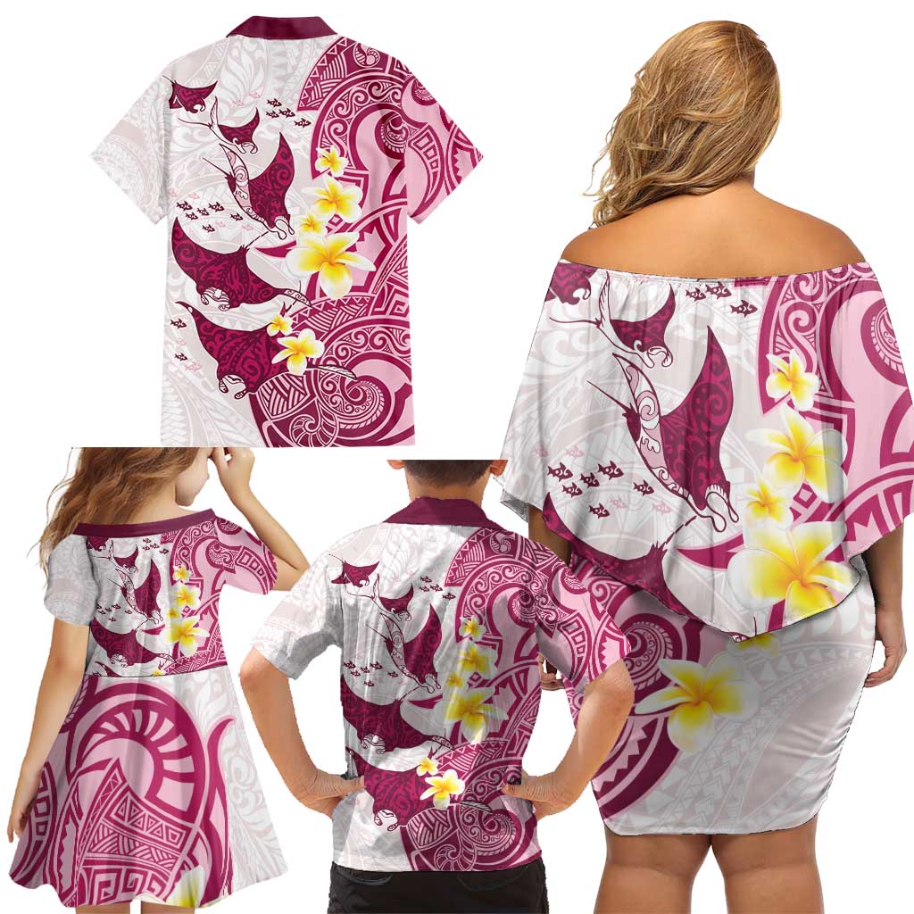Maori Manta Ray Plumeria Royal Pink Family Matching Off Shoulder Short Dress and Hawaiian Shirt
