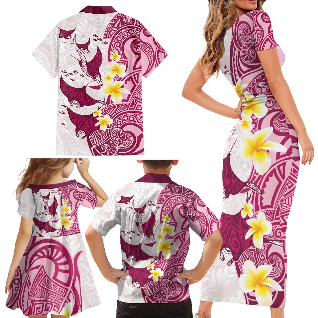 Maori Manta Ray Plumeria Royal Pink Family Matching Short Sleeve Bodycon Dress and Hawaiian Shirt