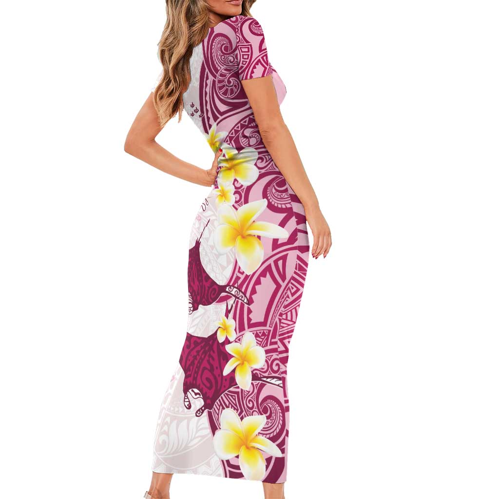 Maori Manta Ray Plumeria Royal Pink Family Matching Short Sleeve Bodycon Dress and Hawaiian Shirt