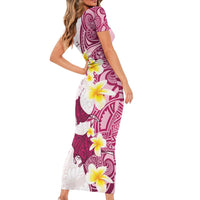 Maori Manta Ray Plumeria Royal Pink Family Matching Short Sleeve Bodycon Dress and Hawaiian Shirt