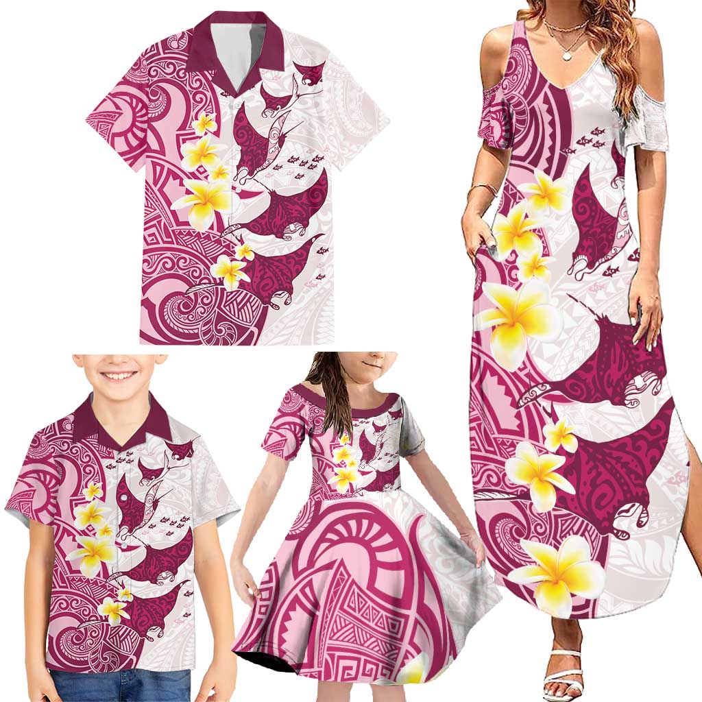 Maori Manta Ray Plumeria Royal Pink Family Matching Summer Maxi Dress and Hawaiian Shirt