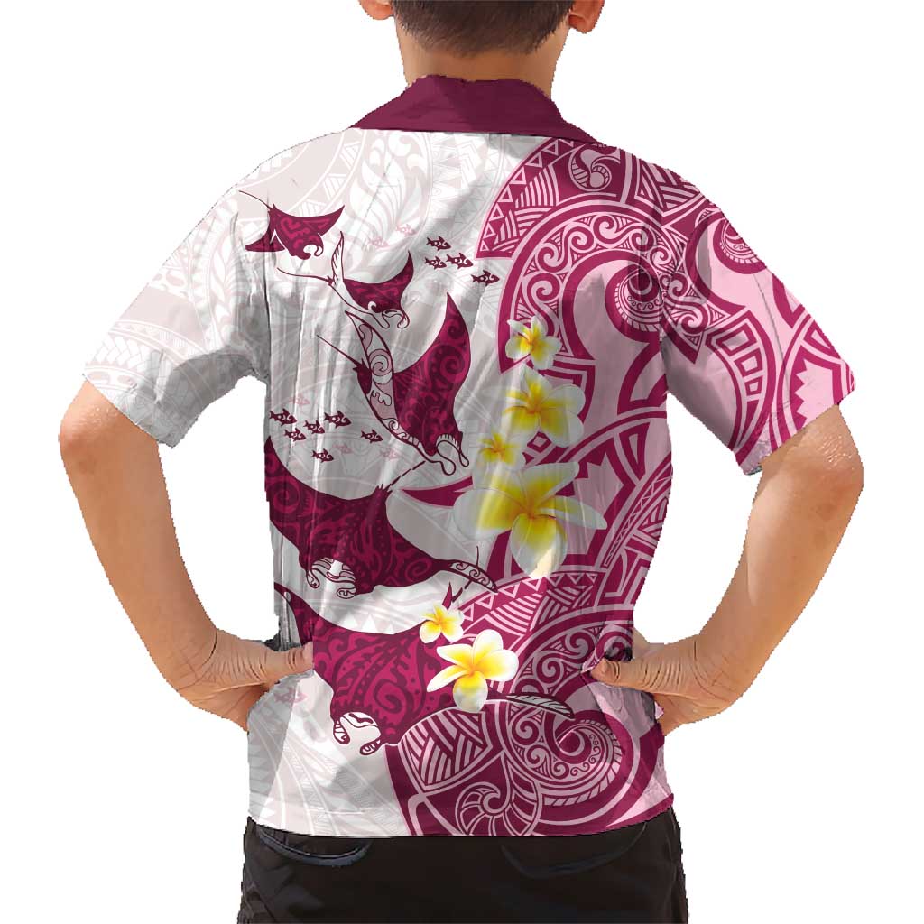 Maori Manta Ray Plumeria Royal Pink Kid Hawaiian Shirt