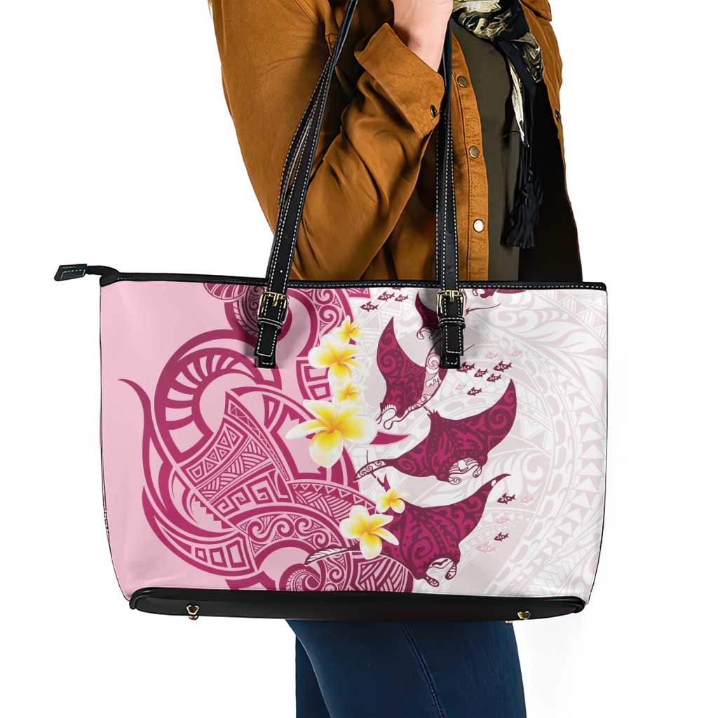 Maori Manta Ray Plumeria Royal Pink Leather Tote Bag LT01 - Polynesian Pride